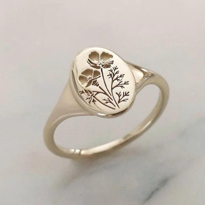 

2020 Delicate Oval Wildflowers Ring Dainty Classic and Exquisite Print Pattern Floral Daisy Flower Ring for Women Hand-carved