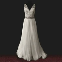 white ivory a line wedding dresses v neck sleeveless applique beading crystals floor length bridal gown sweep train zipper back