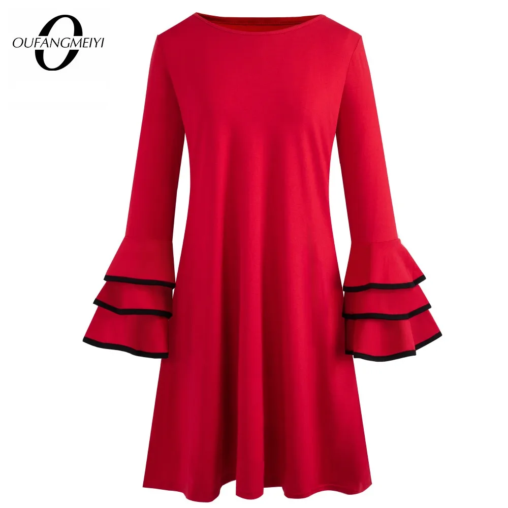 

Spring Women Classy Bright Red Color with Flare Sleeve Dress Casual Loose Shift Straight Dress ET020