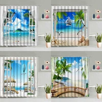 ocean window view shower curtain beach palm tree flower plant seagull sailboat summer scenery bathtub decoration screen washable