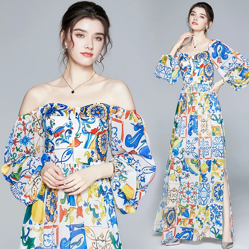 

fashion design Strapless Long Lantern Sleeve Backless Sexy Split Party Dress Runway Blue and White Porcelain Flower Maxi Dress