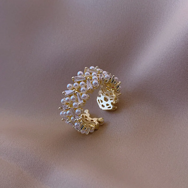 

Fashion Micro-Set Sparkling Pearl Open Rings For Women Vintage Wedding Party Hollow Out Rings 2021 Trend Classic Jewelry Gift