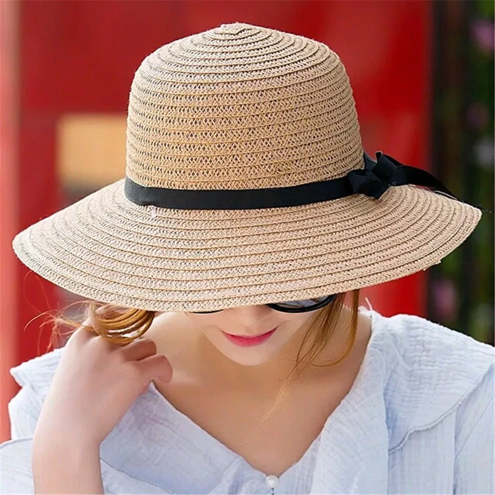 

Новые женские летние пляжные шляпы, гнущиеся складные дамские шляпы с бантом, вязаная соломенная шляпа от солнца бежевого цвета с широкими ...