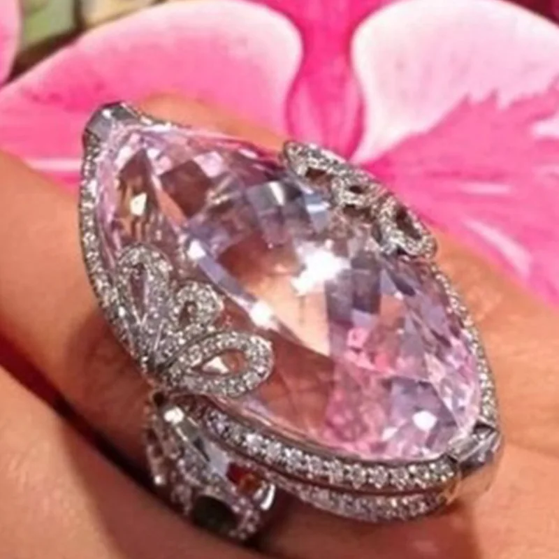 Большой серебряный натуральный розовый камень кольца с цветами Bague для Для