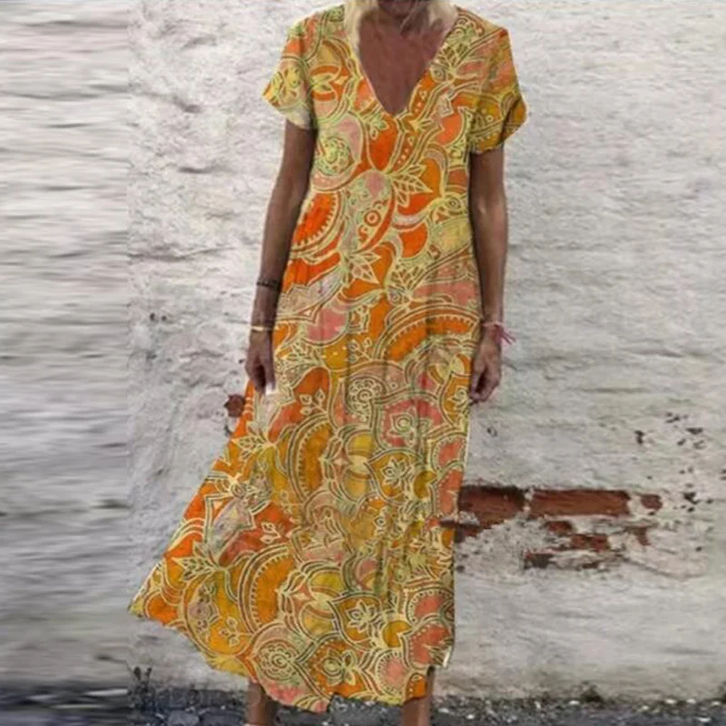 

Vintage Floral Print Women Boho Long Dress Summer V-neck Short Sleeve Lady Party Dress Spring Casual Loose Beach Dress Vestidos