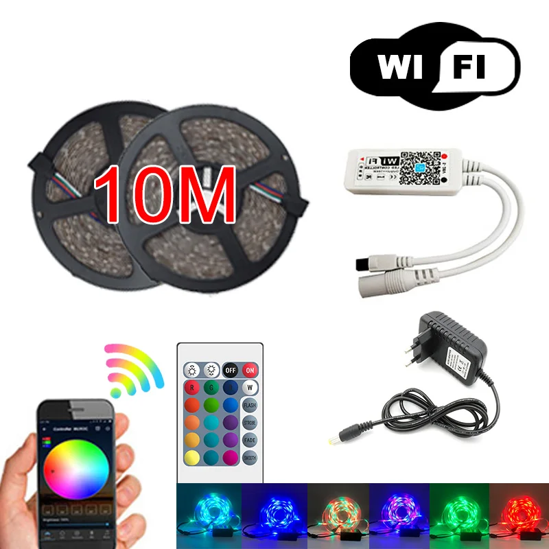RGB Светодиодная лента светильник SMD 2835 5 м Водонепроницаемая RGB лента 12В лента Диодная Светодиодная лента s светильник Гибкая полоса лампа ИК wifi контроллер - Испускаемый цвет: 10m-RGB-WIFI Control