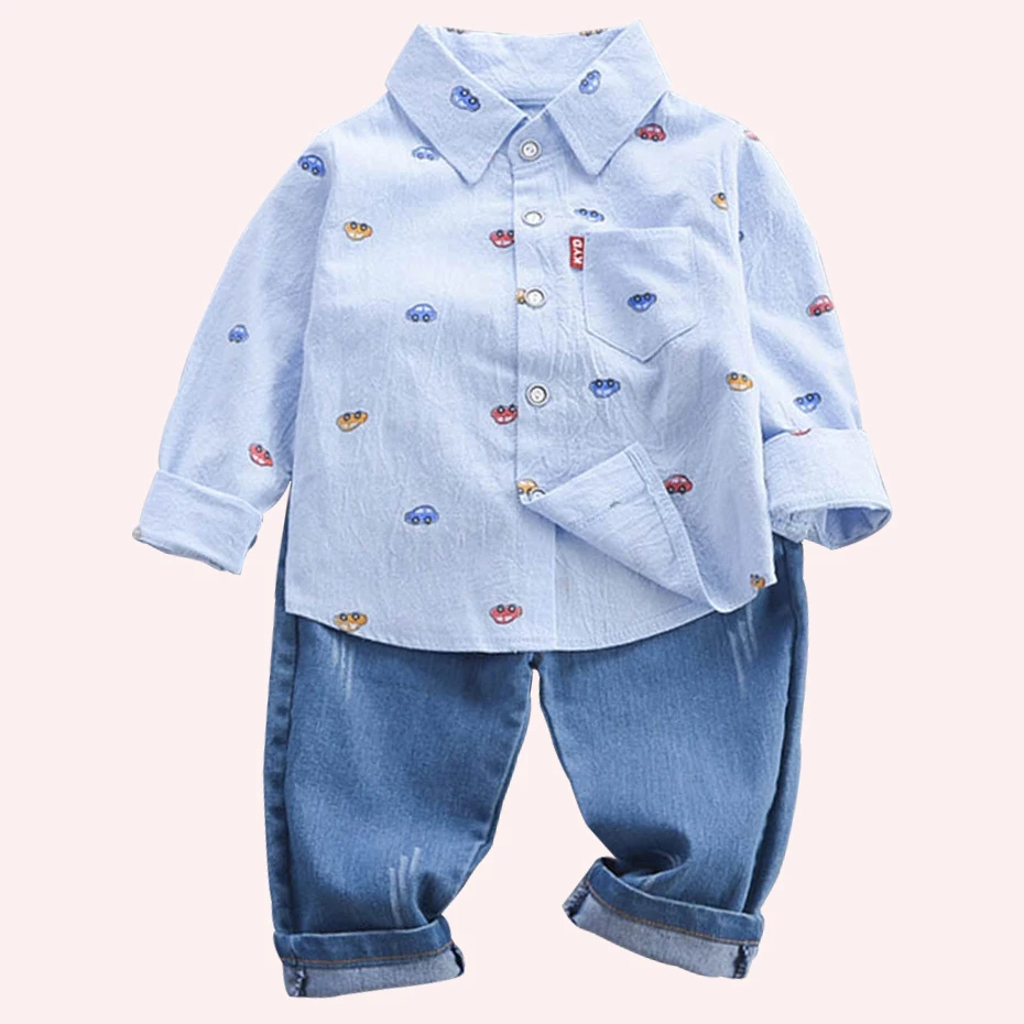 Baby Clothes Car Print Shirt + Jeans 2 Pcs Suit For Boys Longs Sleeve Clothing Sets Spring Autumn Casual | Детская одежда и обувь