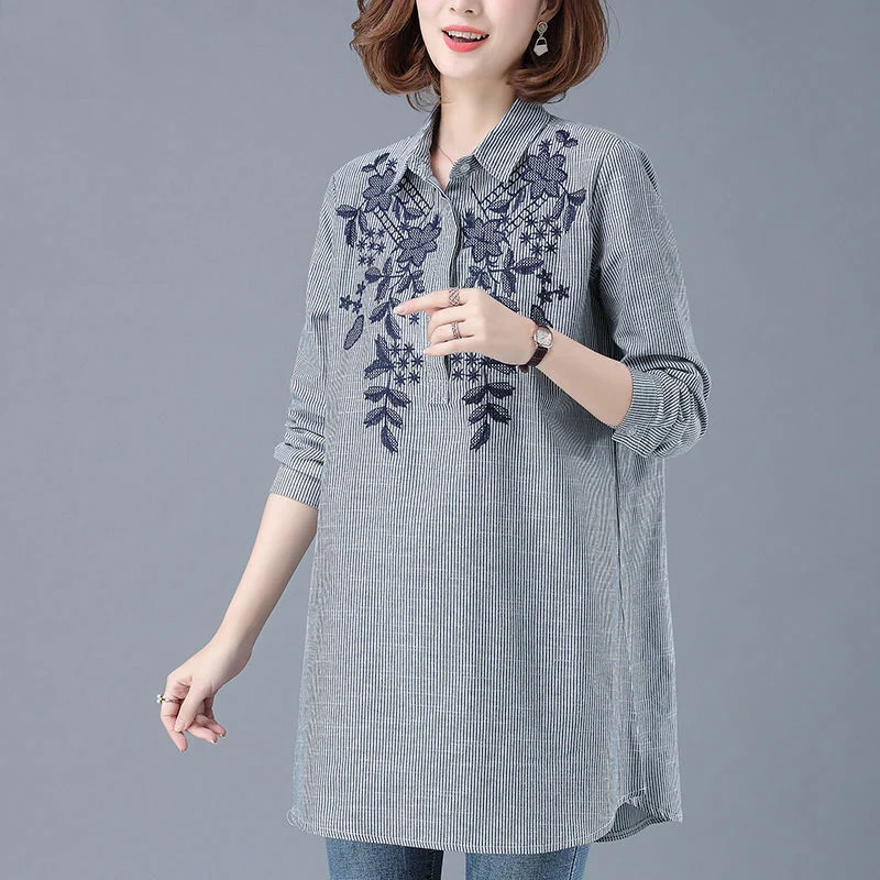 

Women Spring Autumn Style Long Blouses Shirts Lady Casual Long Sleeve Embroidery Striped Printed Blusas Tops DF4018