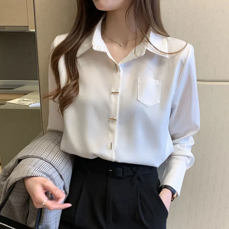 Женская длинная рубашка однотонная блузка белая женская модная осенне-зимняя