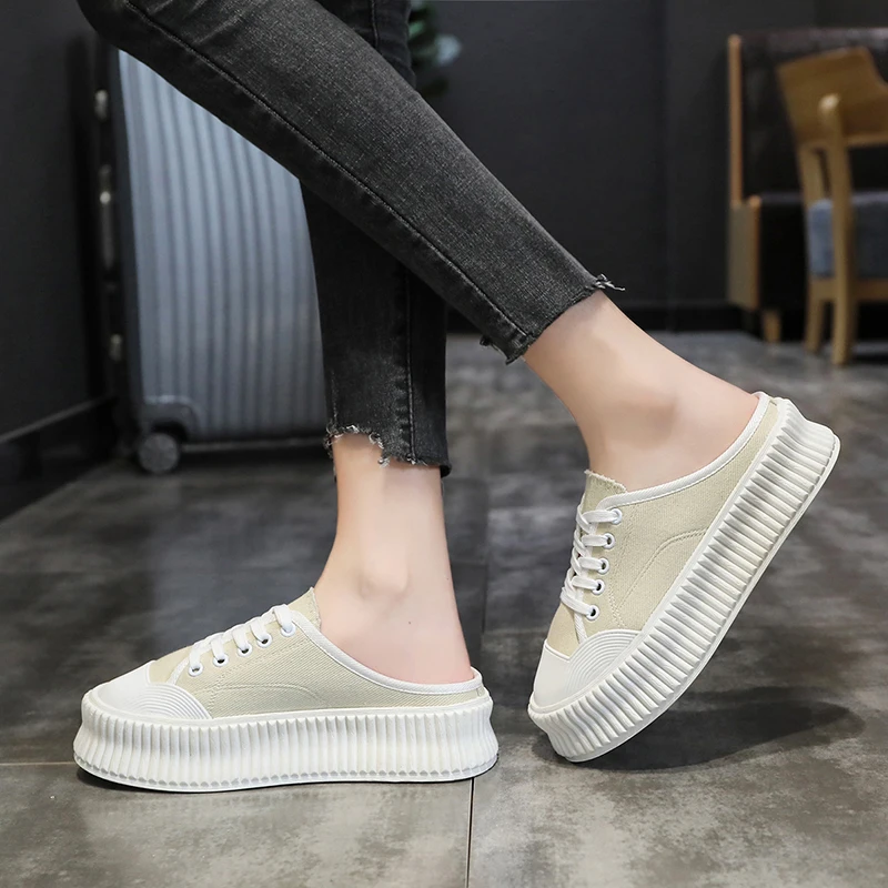 

Med Shoes Slippers Casual Slides Slipers Women Cover Toe Platform Luxury 2021 Flat Cotton Fabric PU Fashion Rubber Female Shoes