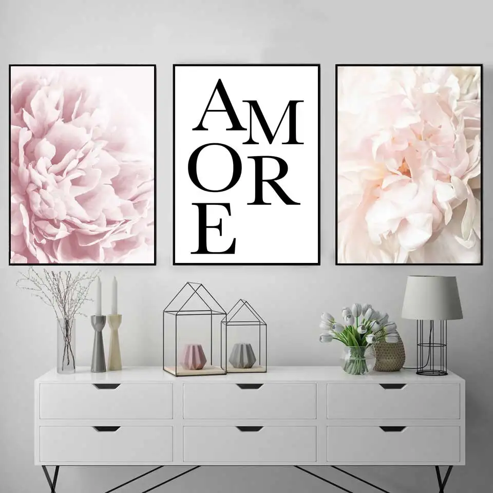 

Pink Peony Floral Posters Prints French Love Adore Canvas Painting Nordic Flowers wall Picture For Living Room Framed Decoration