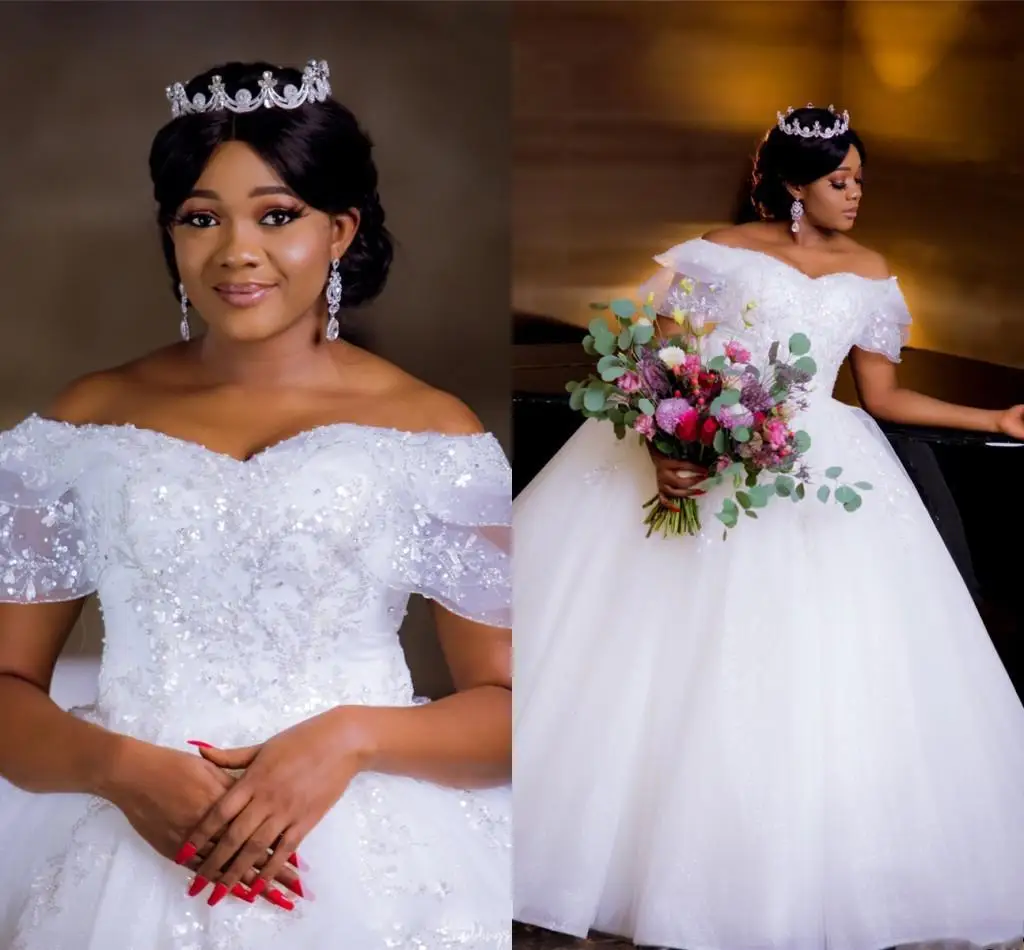 

African Ball Gown Wedding Dresses Beaded Off Shoulder Crystals Pearls Plus Size Saudi Arabian Dubai Bridal Dresses