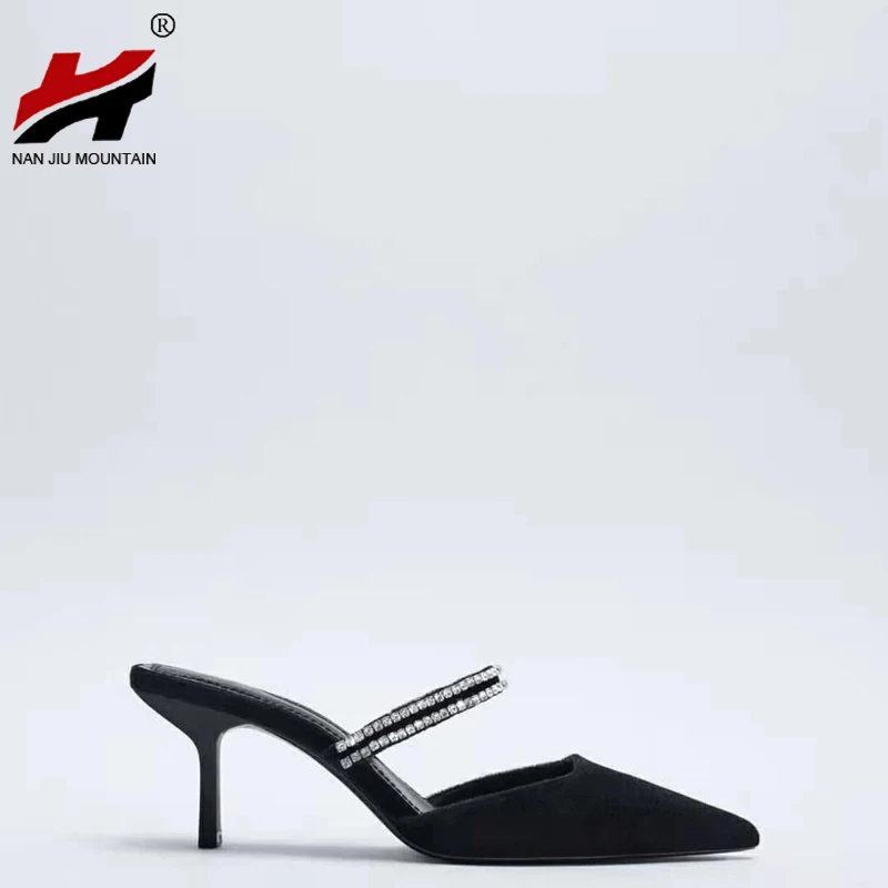

Summer Mid Heel Slippers Fashion Solid Color Rhinestone Pointed Toe Women's Shoes High Quality Handmade Shoes Outdoor Leisure