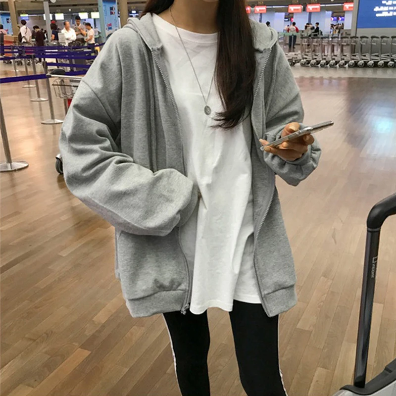 

New Fashion Zipper Hoodies Women Warm Casual Coat Loose Long Sleeve Print Strappy Sweatshirt Tops Hoodies