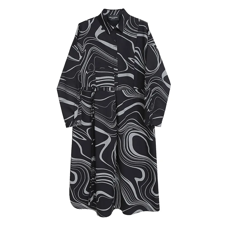 

SuperAen New 2021 Spring Fashion Lace-up Waist Abstract Printed Full Mid-Calf Dress for Women