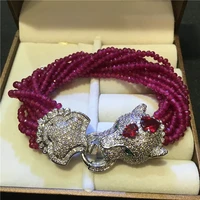 handmade leopard head micro inlay zircon clasp purple stone multi rows bracelet gift box packing