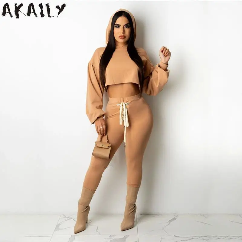 

Осенний уличный комплект Akaily из 2 предметов, черный спортивный костюм, женская одежда, толстовка с длинным рукавом, брюки с завязками, компле...