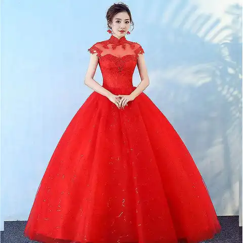 Wedding Dresses Illusion High Sleeveless Tulle Lace Backless Embroidery Crystal Sequined Floor-Length Red Women Bride Gown GB317