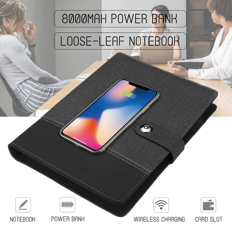 PPYY NEW Business Note Book Многофункциональный A5 Power 8000 мАч Bank Qi Беспроводная зарядка Binder Spiral