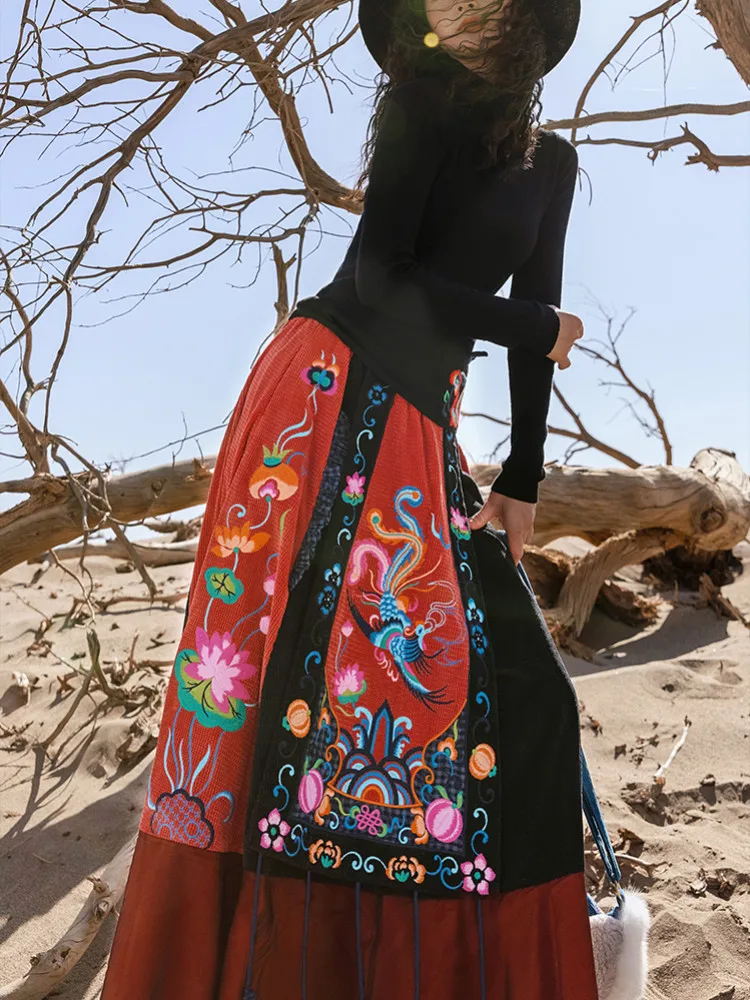 

TIYIHAILEY Free Shipping 2021 New Long Maxi Women Skirt Elastic Waist Winter A-line Patchwork Embroidery Corduroy Chinese Style