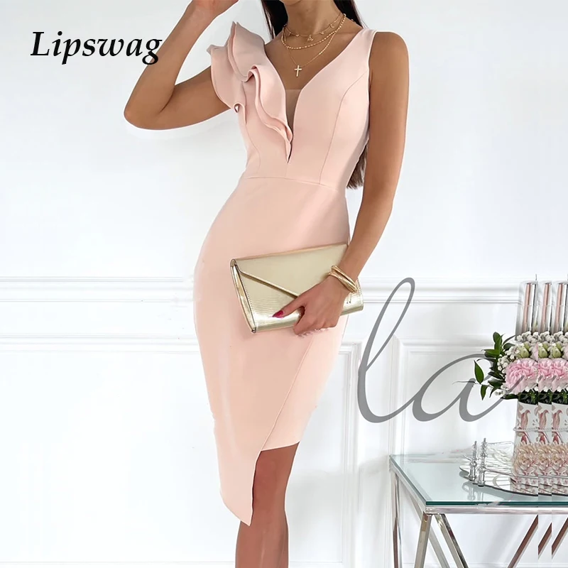 

Fashion Off Shoulder Solid Dress Office Lady V-Neck Ruffles Dress Elegant Backless Commute Women Sexy Clothes Vestidos Mujer