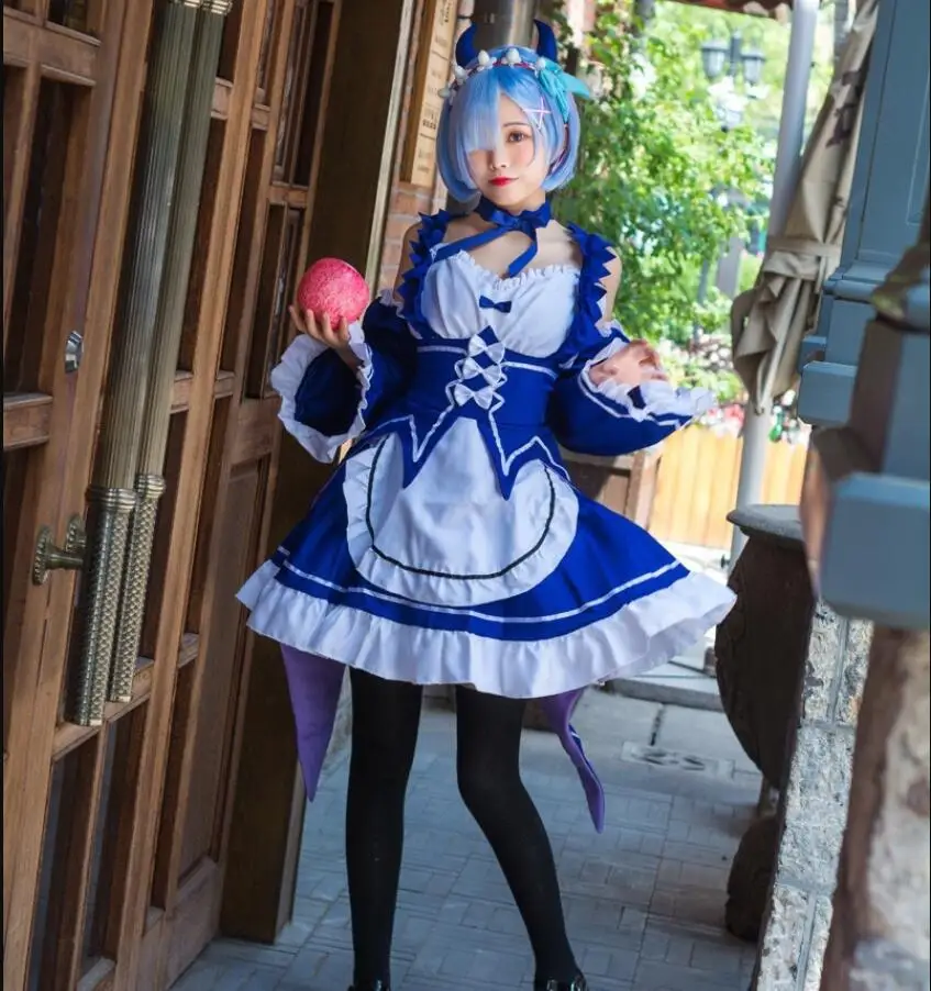 

Re Zero Ram Rem cosplay costume devil demon suits female Apron dress Maid Halloween dresses Anime clothes Full set outfit cos