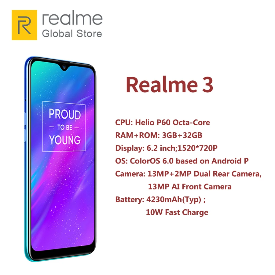 Глобальная версия realme 3 3GB ram 32GB rom Helio P60 AI Processor 6 22 ”Dewdrop ColorOS 0 + Android P смартфон |
