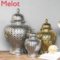 european fashion luxury gold and silver color hollow temple jar household minimalist vintage ceramic decorative crafts ornaments