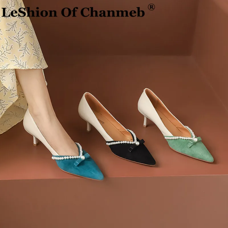 

Женские замшевые туфли-лодочки LeShion Of Chanmeb, весенние туфли из натуральной овечьей кожи на высоком каблуке, с бантом и жемчугом, свадебные туф...