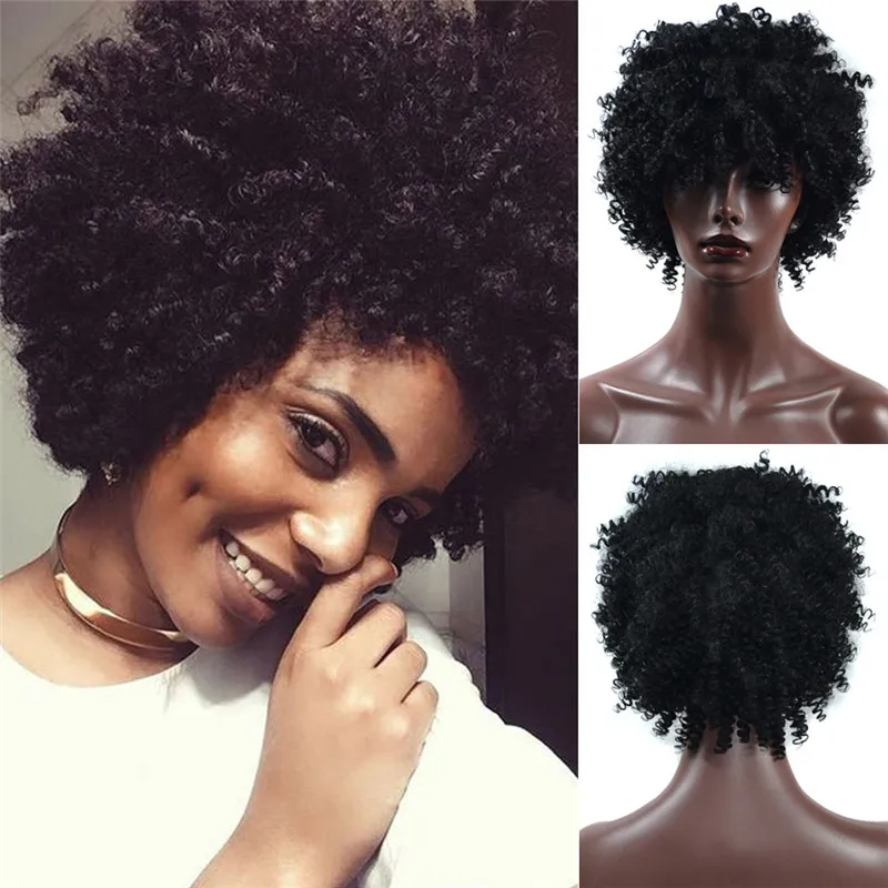 

Afro Short Black Curly Wavy Wig Synthetic Wig With Bangs For Afro Daily Party Use Nature Looking Heat Resistant Fiber Wig