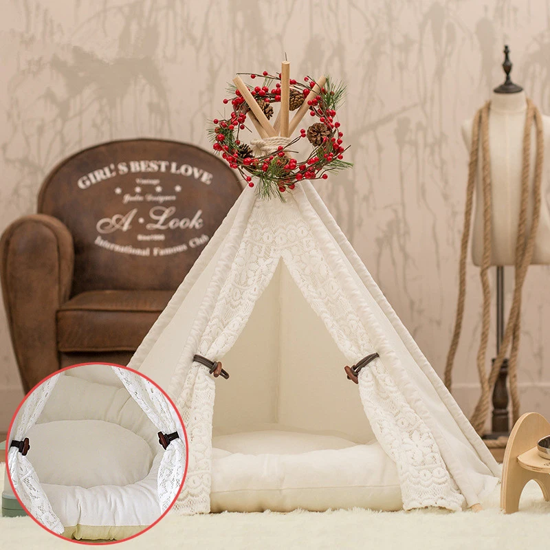 

2021 Kawaii Lace Canvas Pet Product Supplies Pet Teepee Dog & Cat Bed White Canvas Dog House-Portable Washable Tents for Dog Bed