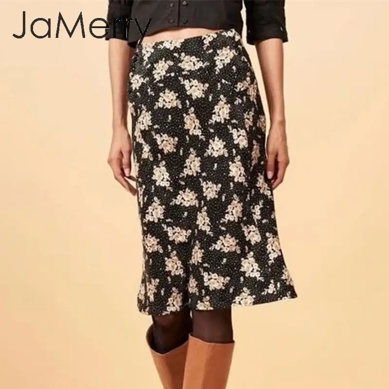 JaMerry винтажная юбка миди с цветочным принтом женская элегантная прямая на