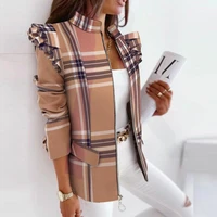 elegant stand collar office lady blazer coat women plaid print zipper tops jacket 2022 spring autumn long sleeve ruffle cardigan