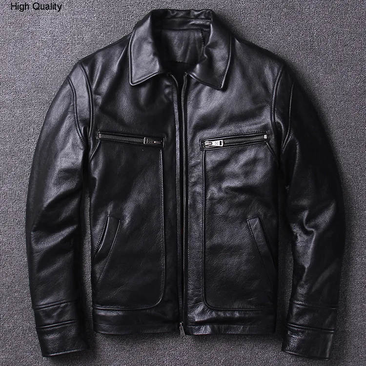 

Amekaji Retro Vintage men's Cowhide Genuine Leather jacket locomotive clothing lapel Slim fit short classic autumn winter coat