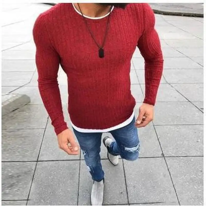Мужской осенний свитер однотонный вязаный пуловер тонкие Сексуальные