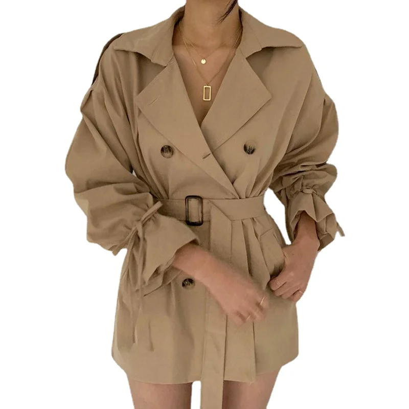 

British Retro Fashion Khaki Black Trench Women Fall Double Breast Long Sleeve Short Jacket Elegant Windbreaker Belted Waist Coat