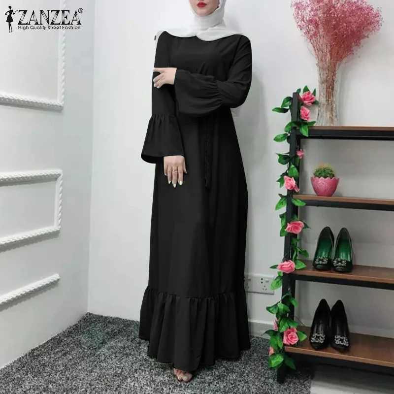 

Винтажное мусульманское платье, женский весенний сарафан 2021 ZANZEA, Повседневное платье-макси с расклешенным рукавом, женское Плиссированное ...