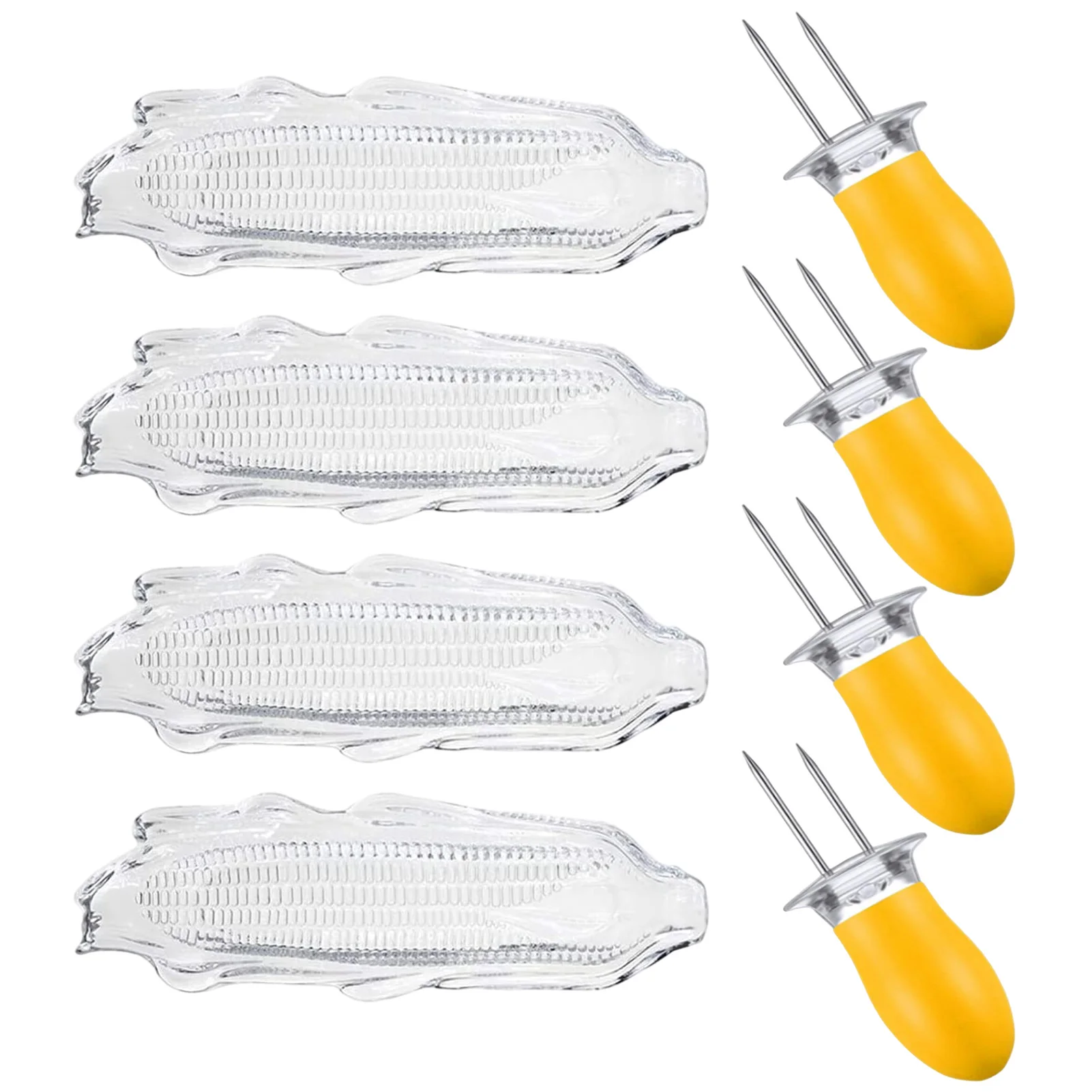 

4pc Stainless Steel Corn Forks Holder BBQ Prongs Skewers Fork Hot Dog Fruit Dessert Cake Fork Tableware With 4pc Corn Cob Holder