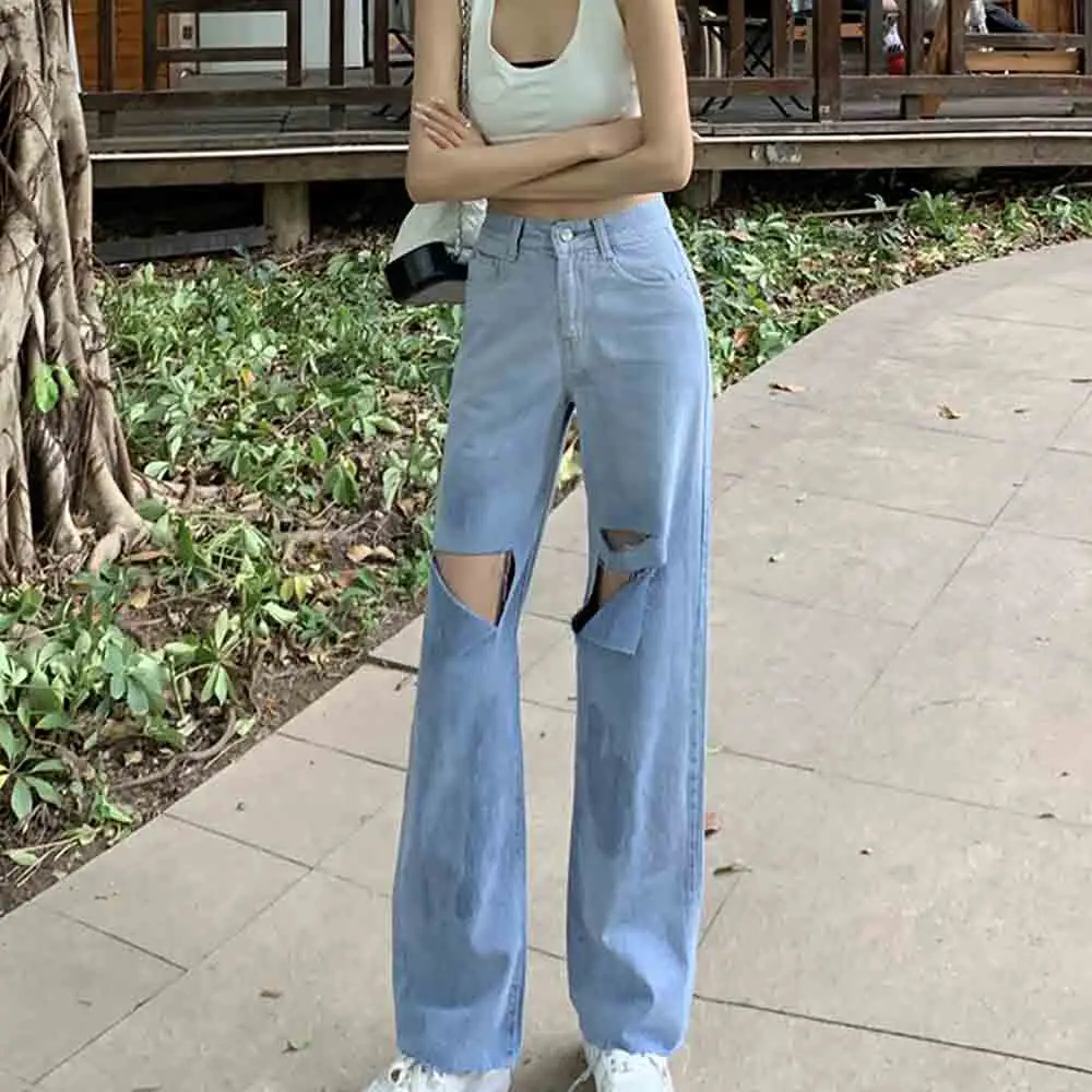 

Vintage Gothic Gradient Light Blue Irregular Hole Denim Jeans Korean Style Washed Jeans Loose High Waist Wide Leg Mopping Pants