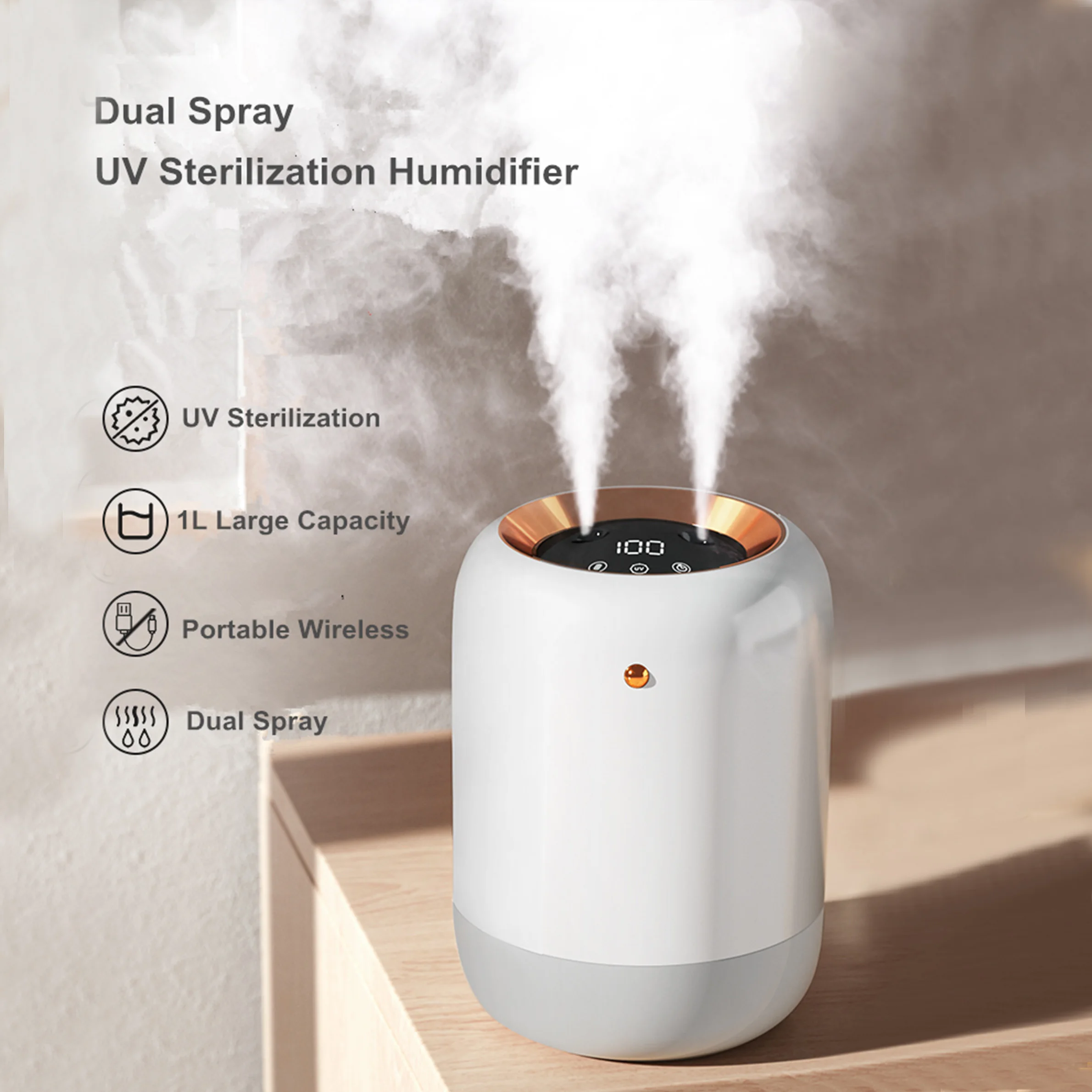 Humidificador de aire inalámbrico portátil, difusor de aromaterapia USB, lámpara LED de doble boquilla, 1000ML, Humidificador ultrasónico para el hogar