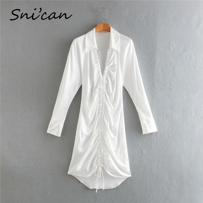 

white satin long sleeve v neck drawstring draped mini pencil dress sexy slim dress za 2020 women autumn spring vestidos largos