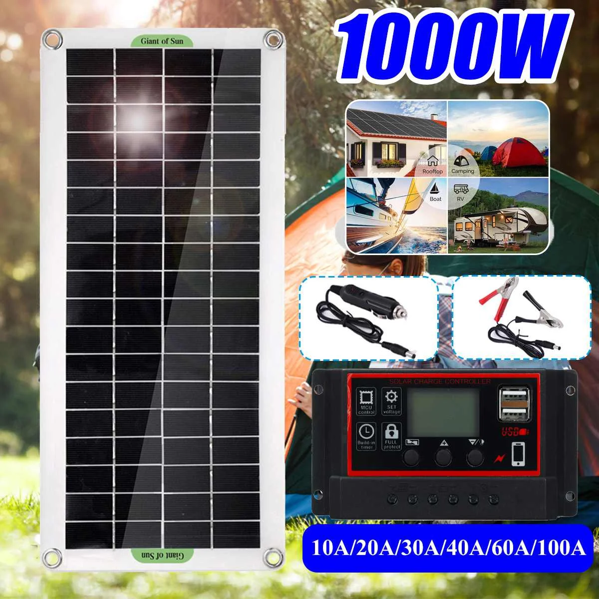 

1000W Solar Panel 12V Solar Cell 10A-100A Controller Solar Panel for Phone RV Car MP3 PAD Charger Outdoor Battery Supply