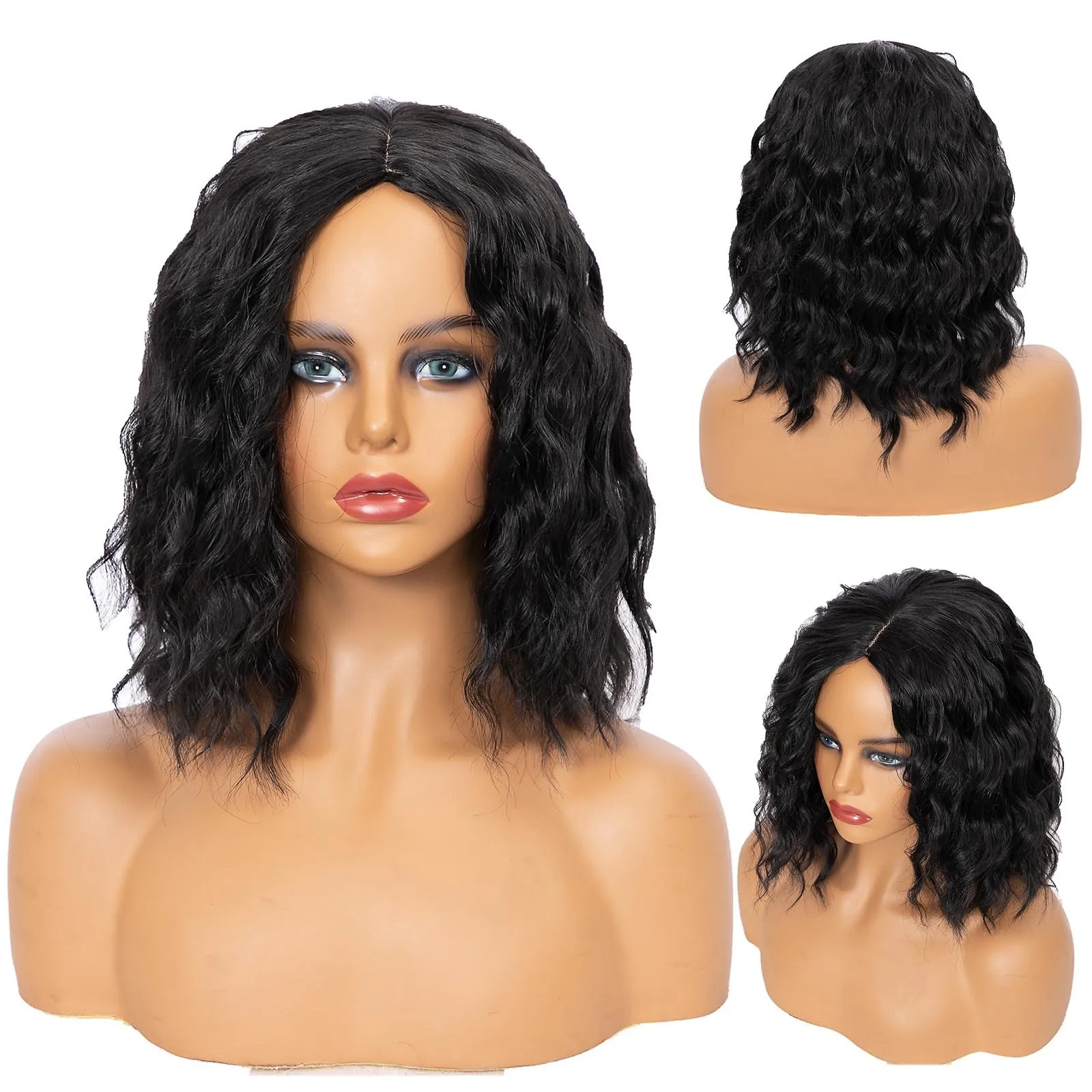 

Женский модный парик, натуральные черные синтетические волосы, короткие человеческие волосы, волнистые кудрявые волосы, комплект средней д...