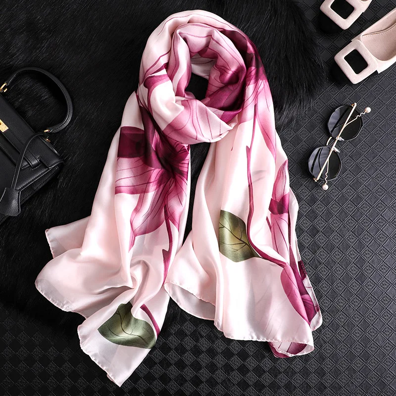 

2020 New Spring Summer Silk Scarf Women Fashion Floral Printed Shawls and Wraps Long Thin Foulard Large Pashmina Winter Scarves