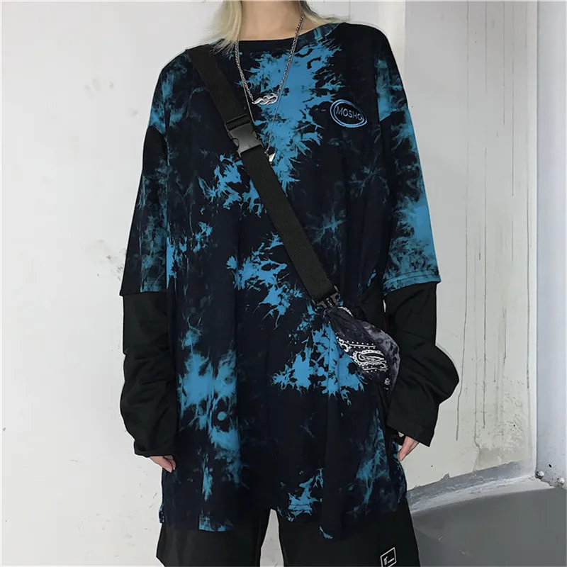 Lychee Harajuku Tie dying женские футболки, топы, футболки с вышитыми буквами, женские футболки, Поддельные 2 штуки, женские футболки, топы, футболки