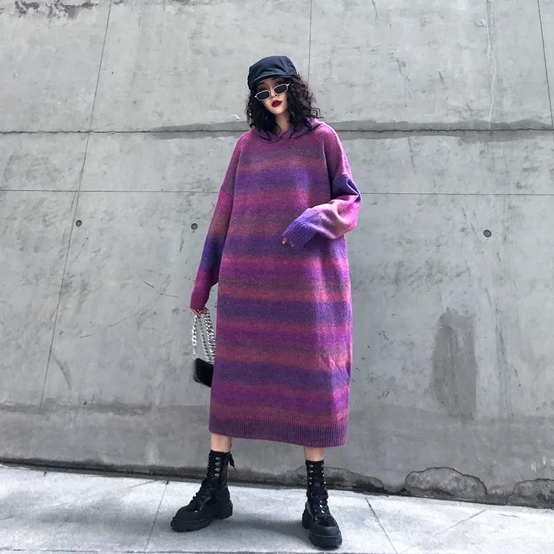 Johnature Повседневный размера плюс полосатый свободный Вязанный свитер платья для