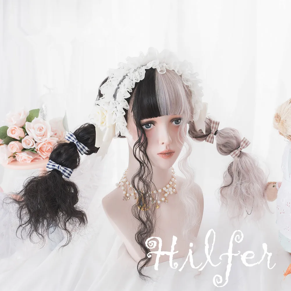 Curly Hair 54 cm Черно-хаки Лолита косплей парик украшение для волос для девочки тупые челки вьющиеся волосы парик 54 см прямые волосы 48 см - Цвет: Curly Hair 54 cm