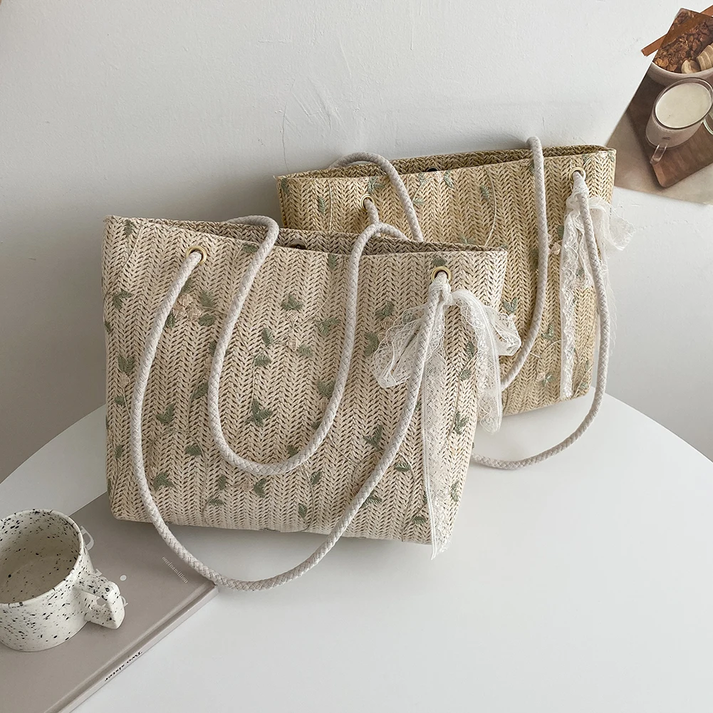 

Fashion Women Flower Embroidery Lace Woven Shoulder Shopping Bag Casual Ladies Summer Beach Vacation Large Capacity Tote Handbag