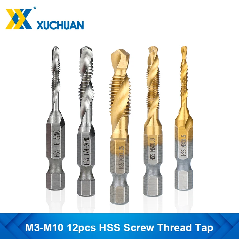 

12pcs HSS Screw Thread Tap Drill Bits Hex Shank Titanium Plated Screw Machine Thread Tap Drill Bits M3 M4 M5 M6 M8 M10 Hand Tool
