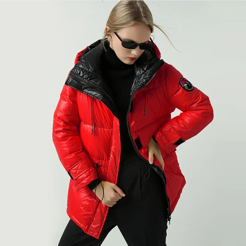 Новинка Зима 2019 стильная куртка с капюшоном и блестящей поверхностью Спортивная